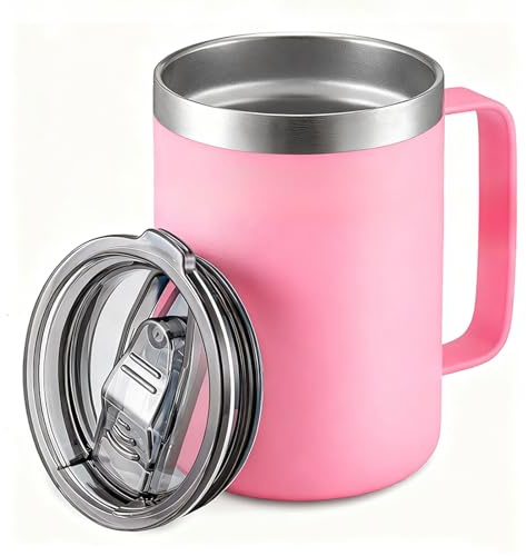 Senshuomy Thermal Mug, Insulated Mug with Handle and Sliding & Straw Lid, Leakproof Reusable Double Walled Vacuum Stainless Steel Travel Camping Coffee Cup,Dishwasher Safe (Pink/16oz)
