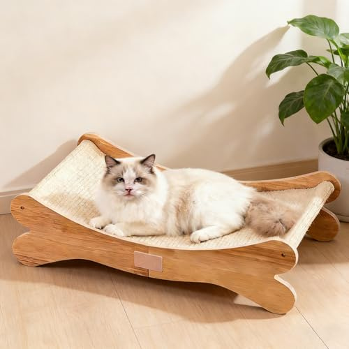Cioquli Sisal Kratzbretter Katze, Sisal Pad Katzen Kratzbrett mit 160° Gebogenes Design, Widerstandsfähig Gummibaumholz Kratzmöbel für Alle Katzen Spielen, Entspannen(59X31.5X16cm)