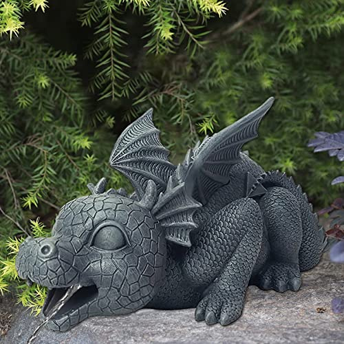 Garden Fountain Dragon Statue, Resin Spouting Water Dragon Sculpture, Weather Resistant Realistic Water Spouting Dragons Statue Outdoor, Art Ornament for Patios Courtyard Pond Pool, 30×15×16.5cm