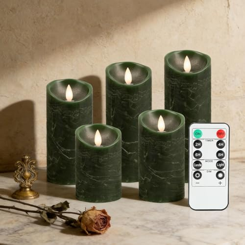 RanBluu 5er Set LED Kerzen mit Timer, batterie betriebene LED Säulenkerzen | elektrische flackernde Kerzen für Camping, Hochzeiten, Home Deco Grün