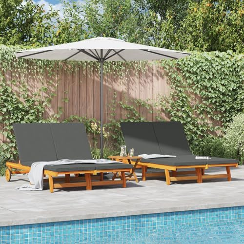 Lettino Doppio da Sole con Ruote e Cuscino in Legno Massello di Acacia, Schienale Multi-Posizione per Relax Esterno, Materiale Impermeabile e Design Elegante per Giardino