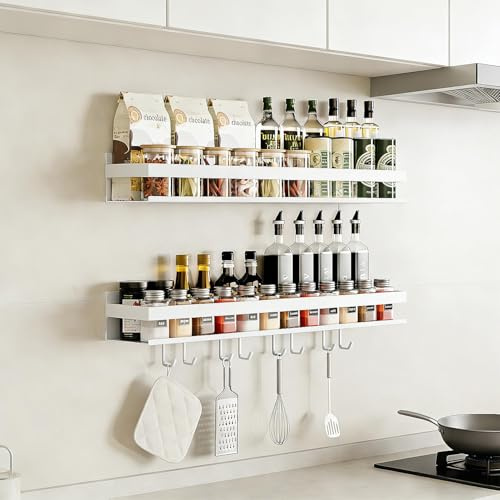 Topnewhome 2er Set Wandregal 60cm mit 8 Haken,Gewürzregal ohne Bohren | Praktische Hängeaufbewahrung für Küche,Speisekammer und Bad. Bietet Platz für Gläser und Zubehör,einfache Montage ohne Bohren
