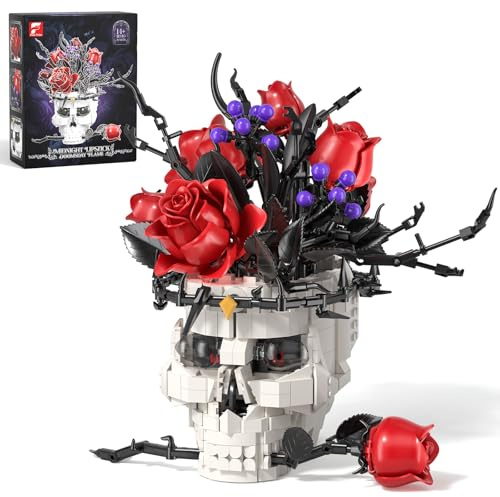 ASDGZD Blumen Rosen Blumenstrauß mit Totenkopfvase Klemmbausteine Set, Gothic Botanicals Rosen für Erwachsene, Totenkopf Gothic Deko Geschenke für Erwachsene Frauen Geburtstag Jahrestag Valentinstag