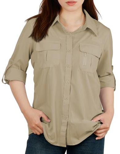 BSBUY Chemisier pour Femme, Chemise Extérieure Cargo Manches Longues Femme Séchage Rapide Protection UV UPF 50+, Chemise de Soleil Safari pour Femme pour Randonnée, Pêche, Marche, S