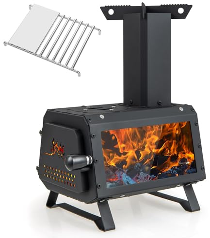 COSTWAY Wood Stove, Camping Burning Stove with Pot Rack, Chimney Pipe and Glass Window, Portable Tent Wood Stove Heater for Picnic Fishing Hiking (28 x 20 x 37 cm)