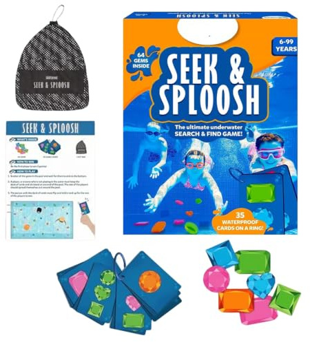 Juguete para piscina para niños, con 64 piedras preciosas y 35 tarjetas impermeables, juego de búsqueda bajo el agua, anillos de buceo, bolsa de red, juegos de agua de verano