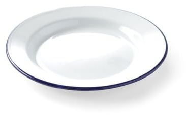 HENDI Assiette en acier émaillé blanc, avec bord bleu, récipient, plat rond, assiette plate, ø240x(H) 22mm