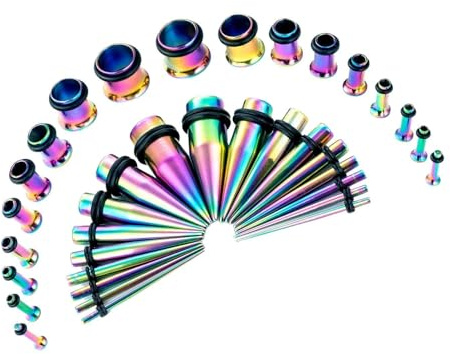 Crdifu 36 Stück Ohr Dehnstäbe Set (Ohrdehner & Ohrtunnel), Chirurgenstahl Dehnungstab & Tunnel, 1.6-10mm Dehnset, Regenbogen Ohr Expander Piercing, Ear Streching Kit