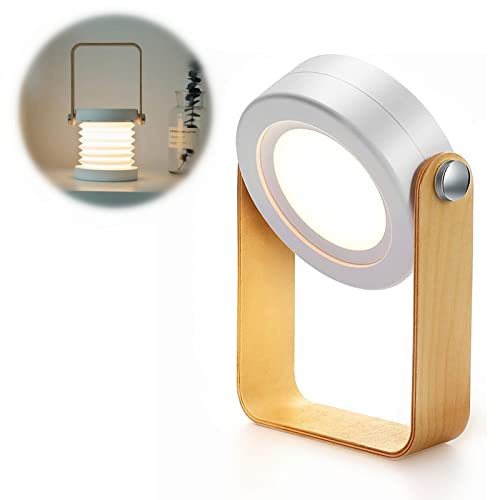 ALLOMN Schreibtisch Tischleuchte, Tragbares Klapp Teleskop Nachtlicht LED Leselampe Holzgriff Laternenlampe, 3 Stufig Dimmbare Helligkeit, USB Aufladung, Augenpflege (Warmweiß)