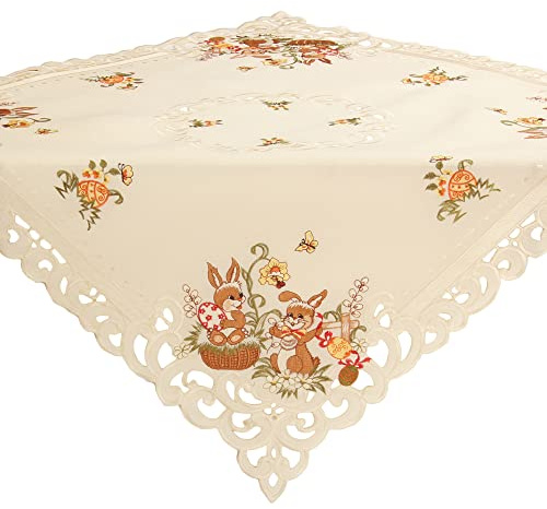 Quinnyshop Ostern Mitteldecke Tischdecke Häschen Ostereier Stickerei Ecru Creme Leinen Optik Polyester ca. 85 x 85 cm