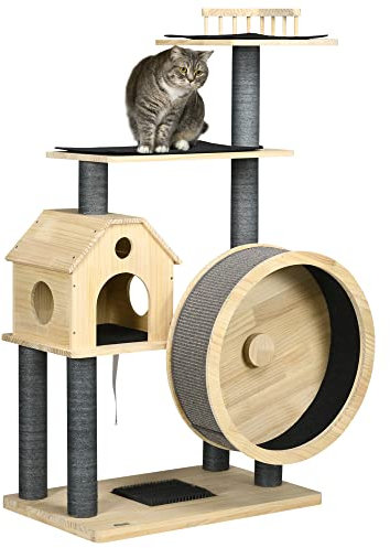 PawHut Katzenbaum mit Laufrad 4-Stock Kratzbaum Katzenhaus mit Sisalsäulen Katzenhöhle Kiefernholz Natur 80 x 50 x 143 cm