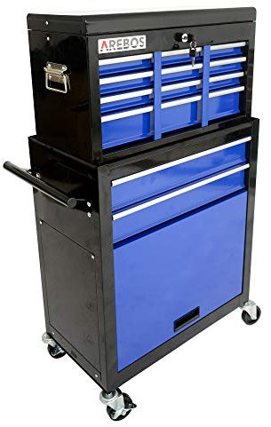 Arebos Werkstattwagen 9 Fächer | inkl. Antirutschmatten | Kofferaufsatz mobil & herausnehmbar | zentral abschließbar | kugelgelagert | inkl. Feststellbremsen | Blau-Schwarz