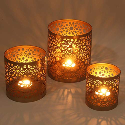 Marokkanisches Windlicht 3er Set Navin aus Metall in Antik-Gold Look, 3 runde Kerzenhalter, Orientalische Teelichthalter für Ostern Muttertag Tisch Deko WLS505
