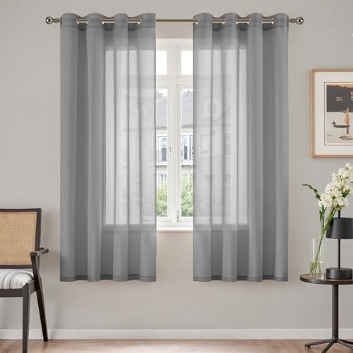 TOPICK Gardinenschals Leinenoptik mit Ösen Hellgrau 2er Set H160xB140 | Transparent Voile Vorhang Wohnzimmer Ösenschals Schlafzimmer curtains living room übergardinen ösenvorhang fenstergardinen