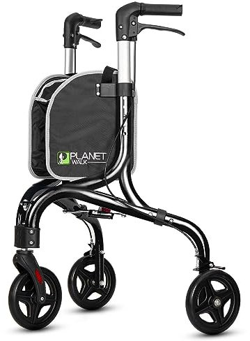 Planetwalk Premium 3 Wheel Rollator Walker for Seniors - Ultra Lightweight Foldable Walker for Elderly, Aluminum Three Wheel Mobility Aid, Black