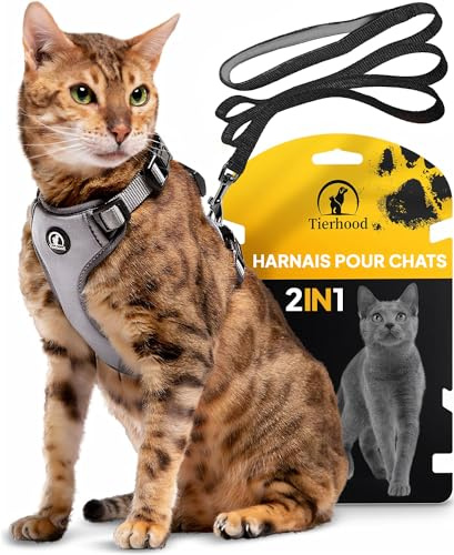 Tierhood Arnes para Gatos - Arnes Gatos antiescape - Correa con arnes para Gatos pequeños y Grandes - Arnés para Gatos Ajustable con Correa de 1,4m - Arnés para Gatos Activos - Gris, Talla M