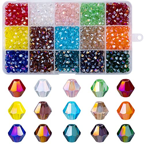MissAudrey 900pcs 6mm Bicone Faceted Crystal Glass Beads for Jewelry Making, AB Color Plated Bicone Spacer Beads for DIY Bracelets Necklaces Earrings Suncatcher Crafts