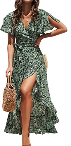 CUPSHE Damen Kleid V Ausschnitt Kurzarm High Low Wickelkleid Rüschensaum Lange Freizeitkleider Sommer Strand Maxi Dress Grün XL