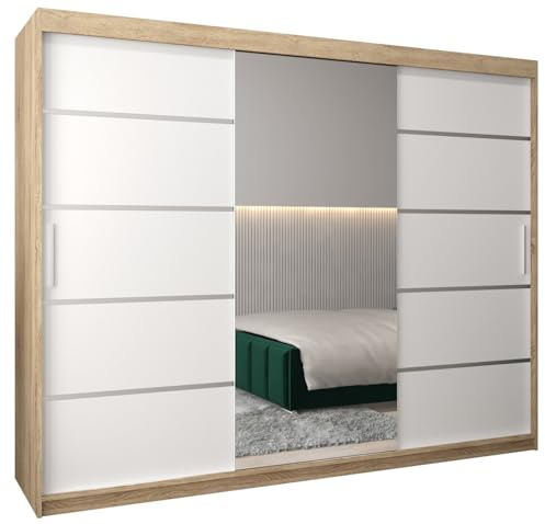 MEBLE KRYSPOL Kleiderschrank mit Spiegel Verona 2 - Garderobenschrank - Schrank Schlafzimmer - Mehrzweckschrank DREI Schiebetüren - Regalen - Flur Möbel - Kleiderstange Schrank - Allzweckschrank