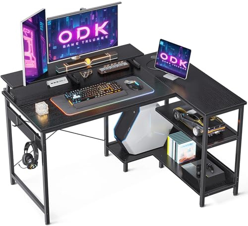 ODK Escritorio Gaming, Mesa Gaming Escritorio 120x80x88cm con Estantes Reversibles,Escritorio en Forma de L de Ordenador con Soporte de Pantalla para la Oficina, Negro