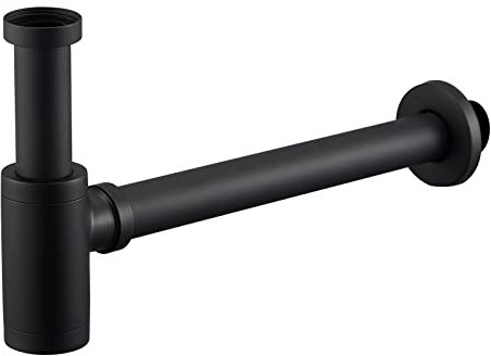 Sifone universale di design per lavabo e lavabo, colore nero opaco, per scarico su misura, rotondo, sifone tubolare con apertura di pulizia, sifone di design