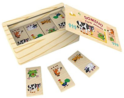 The Toy Company Domino Spiel aus Holz mit Bauernhoftieren in Holzkassette 28 Steine