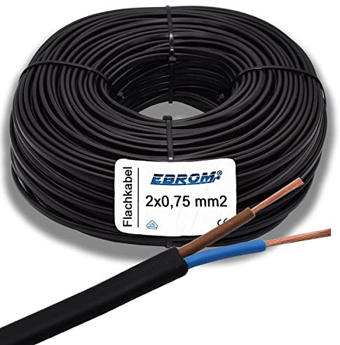 Câble plat H03VVH2-F 2 x 0,75 mm² noir - Couleurs du fil : marron - bleu - 2 pôles/fils - 99,9 % cuivre OFC (cuivre plein) - Plusieurs longueurs à partir de 5 m par incréments de 1 m jusqu'à 250 m