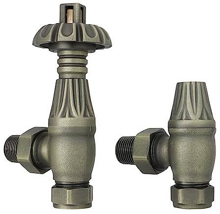 NRG Angled Thermostatic Radiator Valve Set, 15mm, Antique Brass | 15mm Connection, 1/2in Radiator Fit, Brass Body, Angled TRV, Lockshield Included, 10 Bar Max Pressure