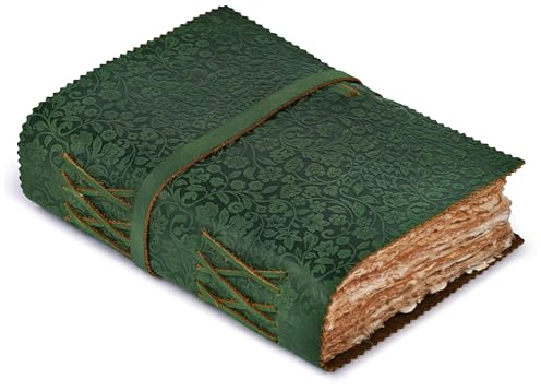 LEATHER VILLAGE Leather Bound Floral Embossed Journal for Women Men - 200 Pages, 6”X4”(A6), Green - Book of Shadows, Vintage Blank Paper Travel Diary, Notebook for Writing, Drawing, Sketchbook