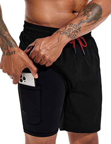 Atforna badbyxor herr långa 2 i 1 badshorts med kompression snabbtorkande ventilerande badshorts med dragkedja justerbar dragsko, svart, L