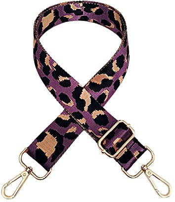 Taschengurt Breit 3,8 cm,Breiter Taschenschultergurt mit buntem Leopardenmuster Verstellbar Schulterriemen Taschen 80-130cm mit Karabiner,für DIY-Taschen,lila Leopardenmuster + goldene Schnalle