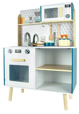 Leomark Holzküche für Kinder - Monopoly - Spielzeugküche mit Zubehör, Kinderküche aus Holz, ab 3 Jahren, Farbe Türkis, Höhe: 90,5 cm, Spaß und Bildung