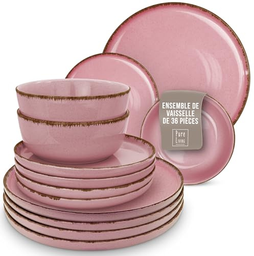 Set di Piatti in Ceramica per 12 Persone Rustic 36 Pezzi - Design Rustico e Moderno, Lavabili in Lavastoviglie - Set di Ciotole e Piatti Colorati - Pure Living rosa