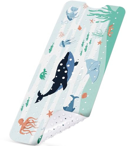 NiBaby Non-Slip Bath Mat with Suction Cups, 102 x 41 cm, Whale Design | Large Quick-Drain PVC Mat for Baths and Showers, Machine-Washable and Suitable for Children and Older Adults