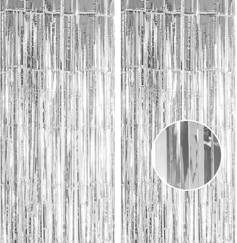 2 Stück Lametta Vorhang Silber Glitzer, 1x 2.5m Metallische Glitzervorhang Geburtstag Folien Fransen Vorhänge Tinsel Curtains für Disco Party Halloween Weihnachten Hochzeit Festivals Bühnendekor
