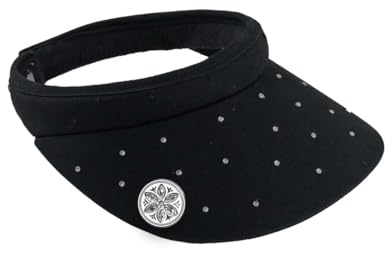 Surprizeshop Womens Golf Visor | Clip Style | Crystal Design | Built in Magnet | Comes with Hand Enamelled 25mm Ball Marker | Rigid Peak | Multiple Colours | Golf Visor | Tennis Visor | Black