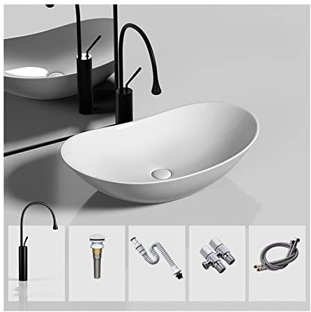 Lavabo Salle de Bain Lavabo ovale en céramique for salle de bain, 20,4 x 12,5 po, évier en porcelaine au-dessus du comptoir avec robinet noir et bonde escamotable, corps mat Vasque à Poser(Color:White