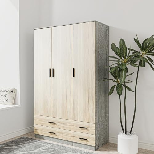 URBNLIVING Modern 3 Door 4 Drawer Wardrobe with Hanging Rail, Bedroom Furniture, Storage Shelf Clothes Organiser Stylish Design, Ample Storage Solution (Ash Grey & Oak)