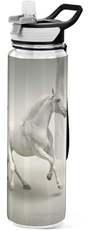 Mnsruu Transparente Sport-Wasserflasche mit Strohhalm, auslaufsichere Trinkflasche, weiße Pferde, Fahrradflaschen für Sport, Büro, Schule, BPA-freier Tritan-Kunststoff, 1 Liter