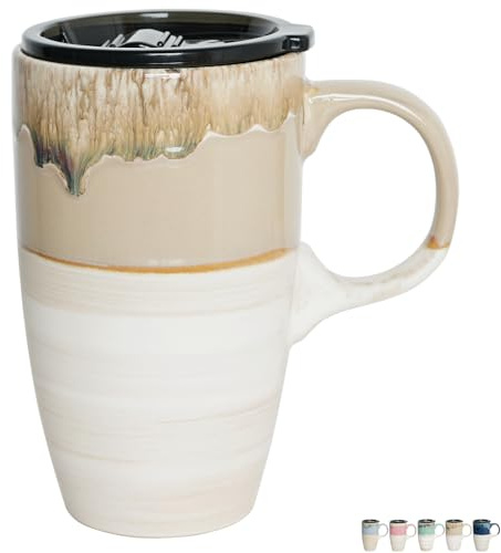 Bosmarlin Ceramic Travel Coffeel Mug with Handle and Lid, 18 oz, Portable Coffee Cup for Car Cup Holder, Microwave and Dishwasher Safe, Reactive Glaze (Brown Grey)