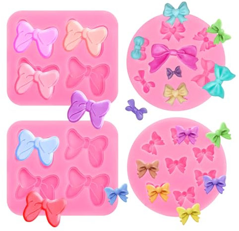 4 Pcs Bow Mold Fondant Bow Silicone Mold Chocolate Candy Cake Pop Molds Mouse Cartoon Bow Molds for Cake Decorating, DIY Desserts, Fondant,Clay