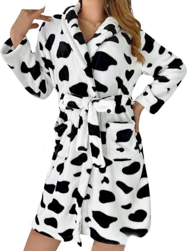 codcm Bata de baño de felpa de forro polar para mujer, mullida, acogedora, cálida, para ducha, spa, casa, Vaca, Large