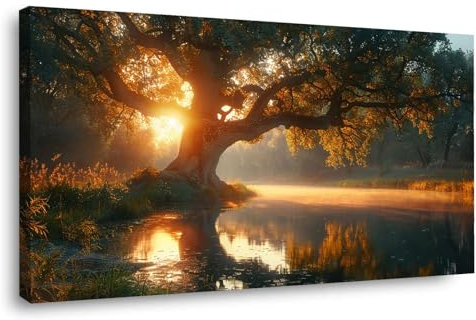 BOHUO Oro, verde Grande Quadro Moderno Stampa su Tela, Tramonto sul fiume Albero Della Vita pittura quadri soggiorno camera da letto Decorazione Murale-50x100cm Incorniciato