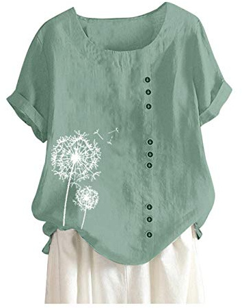 HEONSATI Camicioni da Donna in Lino Maglietta Cotone Oversize Mare Blusa Manica Corta Casuale Taglie Forti T-Shirt da Lavoro Elegante T Shirt Lino Curvy Comoda Camice Leggera Classico Traspirante