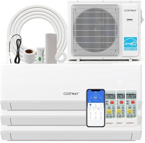 COSTWAY 30k Tri 3 Zone Mini Split Air Conditioner, 23 SEER2, 12k+12k+12k BTU, 208-230V, Wifi Enabled Multi Zones Mini Split AC Heat Pump Full Set, Ductless Energy Star