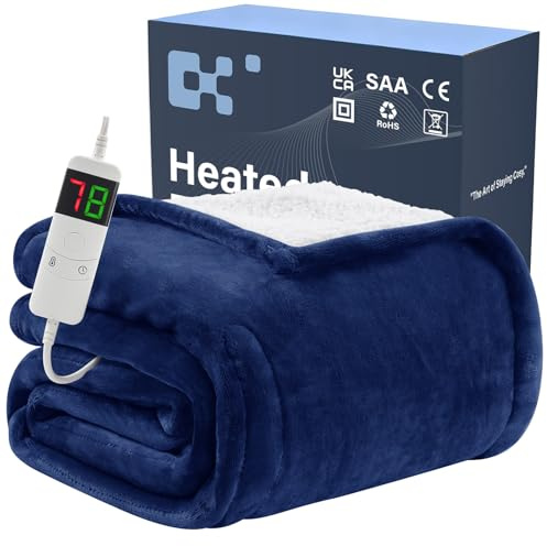BOMOVA Electric Heated Blanket Single Throw (130x160cm,Blue)-Flannels Fleece Winter Warm Blanket,10-Level Heating & 5 Auto Timer,Cozy Sofa Throw for Home Office,Xmas House Warming New Home Gifts