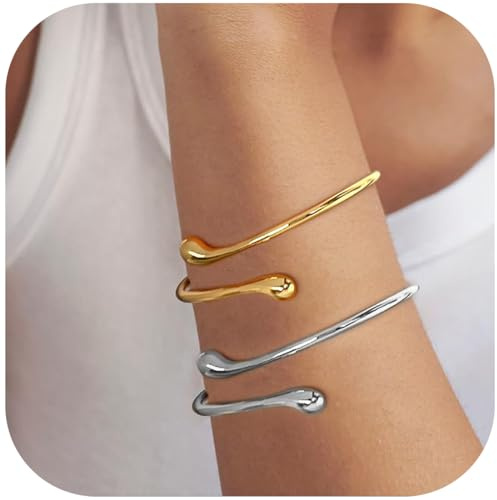 JEYORZY 2 Pièces Bracelets Femme, Acier Inoxydable Bracelet Manchette Bracelet Femme, Bangle Ajustable, Bracelet Bras Femme, bracelet de Bras au Design Ajouré Ajustable, Bijoux pour Femme, Or + Argent