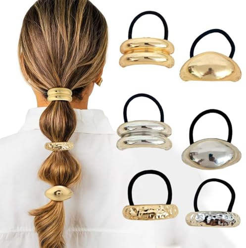 COYUN 6 Piezas gomas para el pelo para cola de caballo, puño de metal dorado, para coletas doradas, gomas para el pelo punk, para accesorios de cabello finos