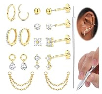 Adramata Helix Piercings Chirurgenstahl Ohrringe Piercing Set Fadenlos Flat Back Ohrstecker 14K Gold Vergoldete Hypoallergen Conch Tragus Daith Helix Piercings Ohr lippenpiercing Nasenpiercing Stecker