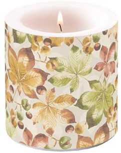 Ambiente Kerze Stumpenkerze Wachswindlicht 9 cm hoch Brenndauer ca 35h Herbst Laub Kastanien Tischdekoration beige braun